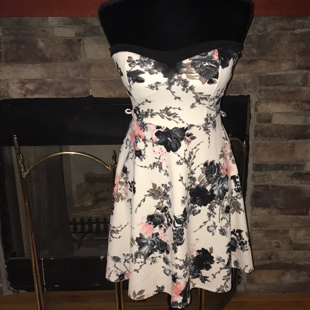 White sundress with black and pink flowers